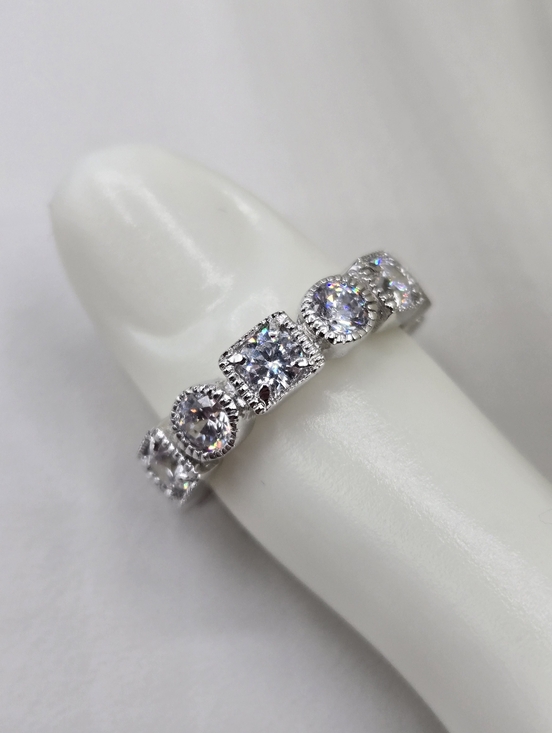 Swarovski Crystal Elements Silver Eternity Band Ring Size 7.75 Geometric Bridal - Picture 2 of 8